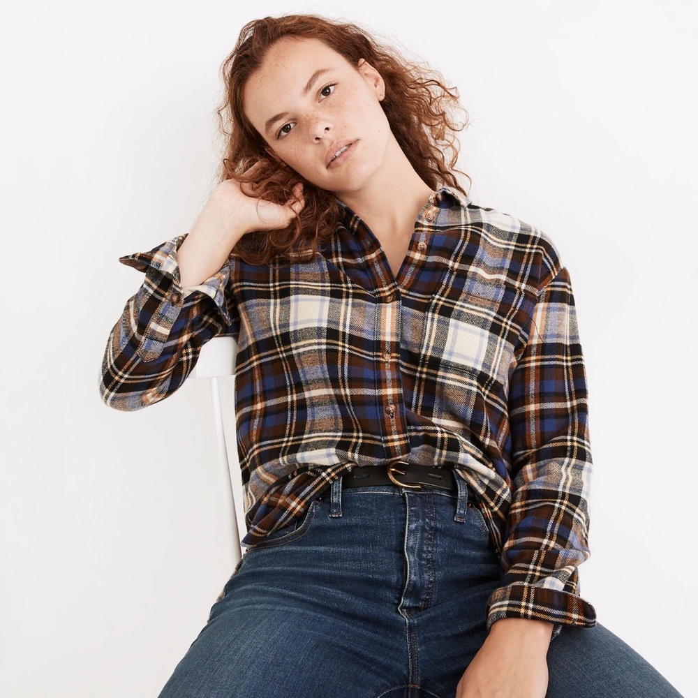Madewell flannel iversized ex boyfriend shirt in blue tartan plaid